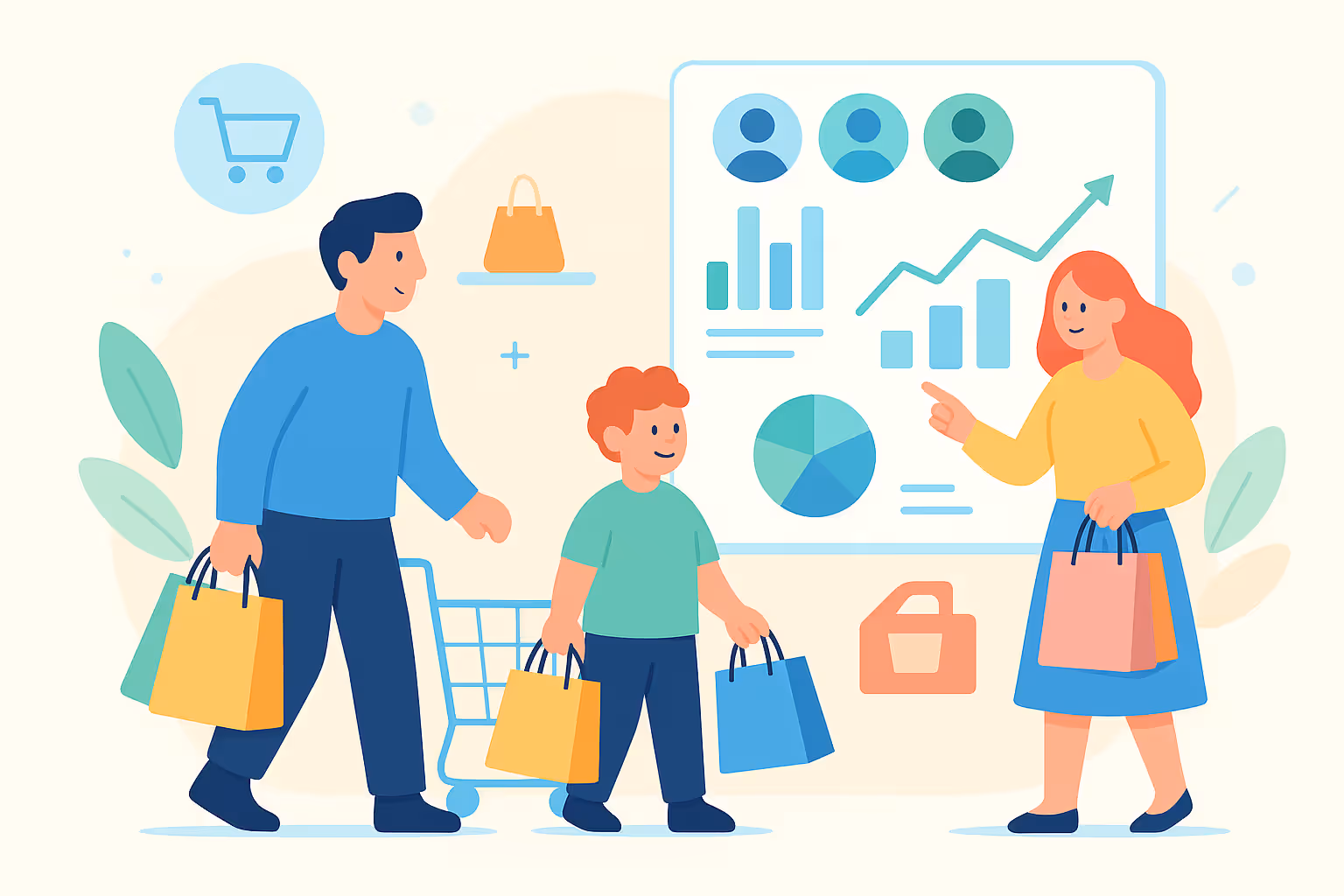 A man, a kid and a woman holding shopping bags, with spending habit analysis shown as graph and shopping carts as background