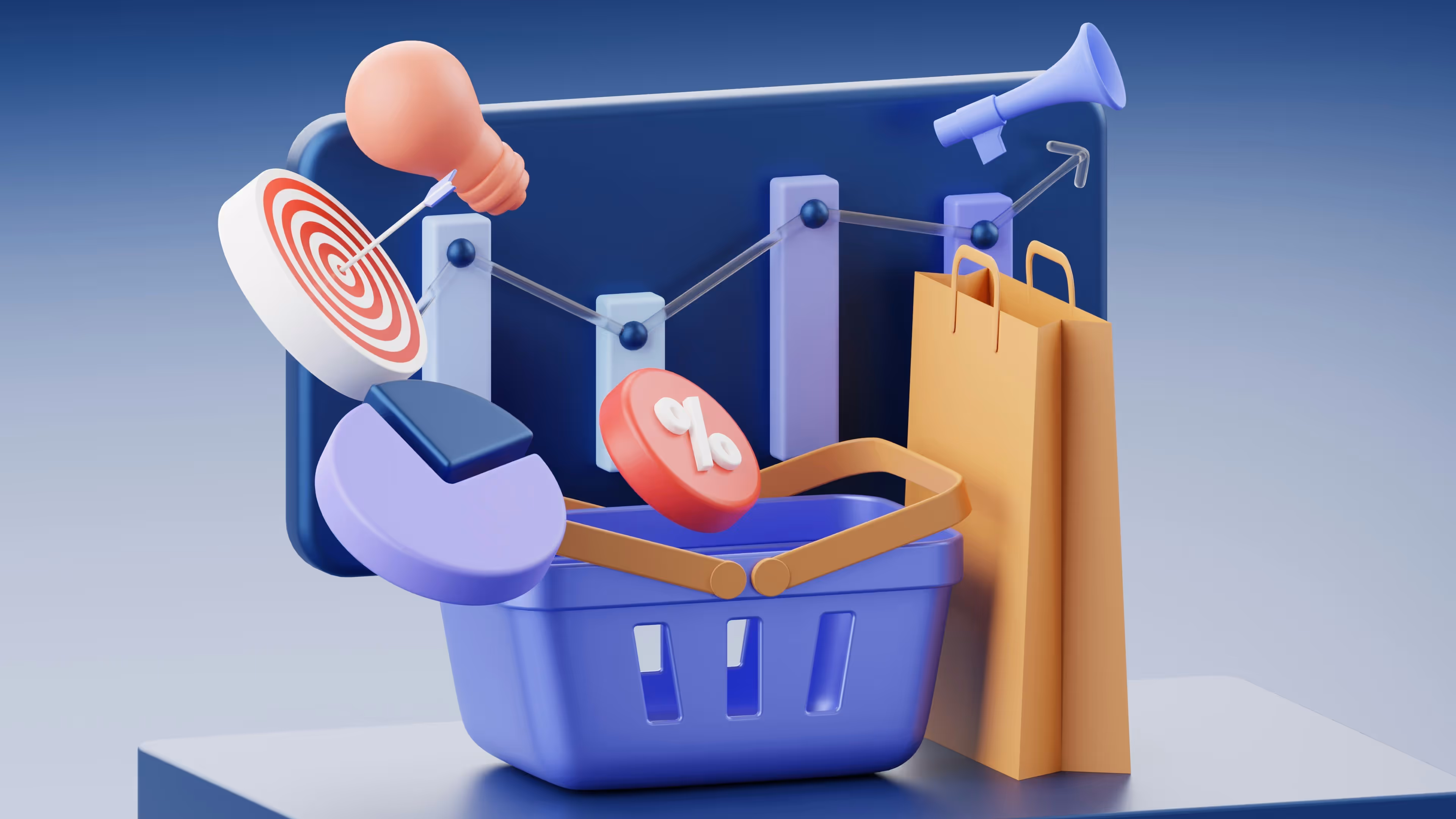 (Image alt. Text: Insights on a board with elements like % of discounts, pie chart and a shopping bags)
