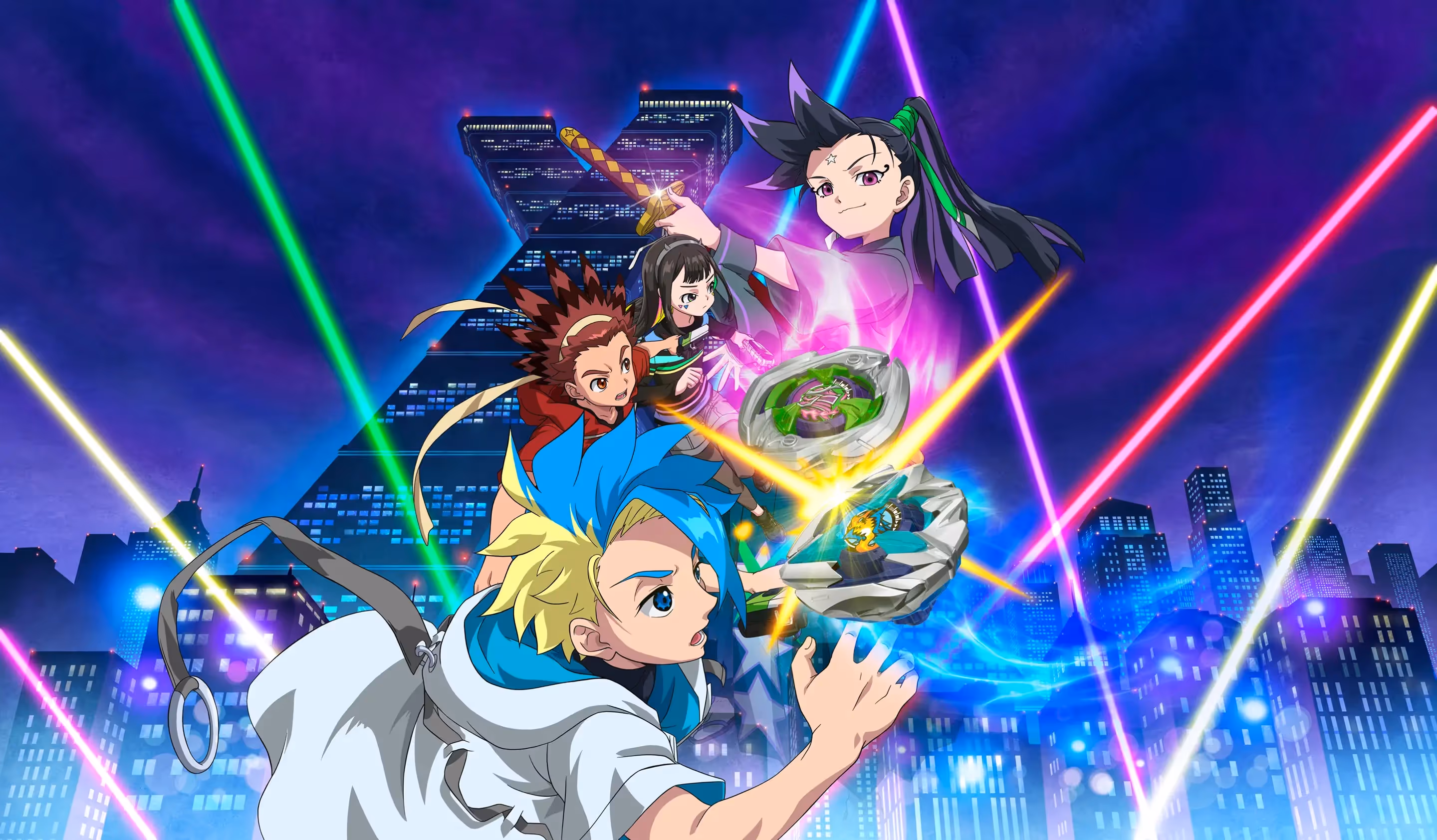 Beyblade X characters battling with spinning tops in a futuristic city at night