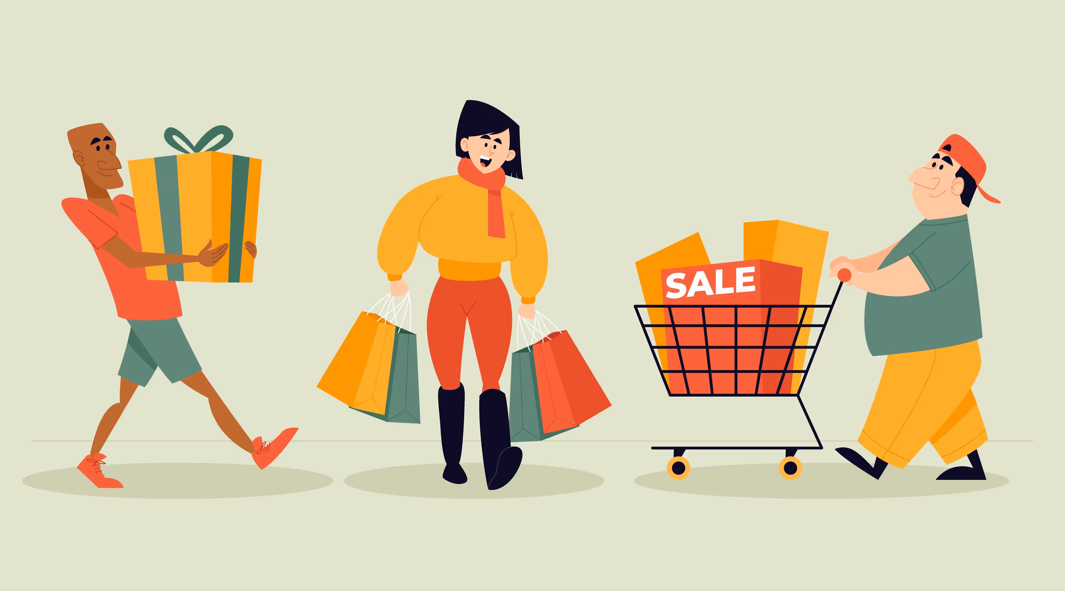 Guy on left holding a box of gift, lady in middle holding 4 shopping bags and man on right pushing a shopping cart with sale items