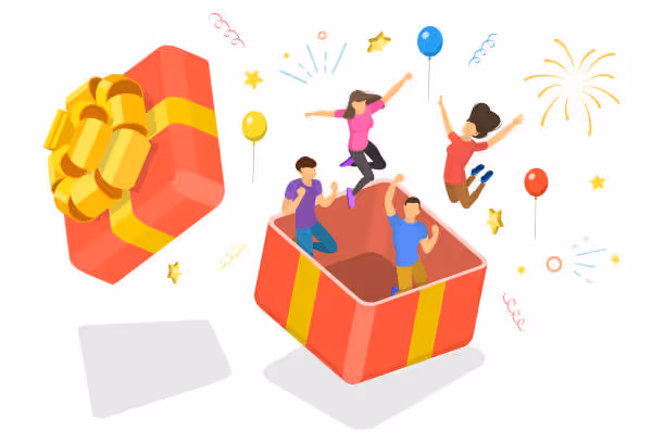 Two gentlemen and two ladies jumping happily in a gift box because of the surprise marketing they have received