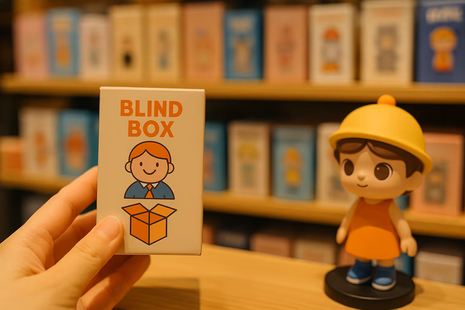 A hand holding a blind box on the left while there is one cute figure from the box standing on the table, with whole wall of blind boxes behind as background